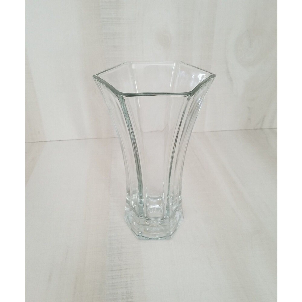 Vintage Glass Vase Hoosier 4040, 6 Sided Hexagon Clear Vase 9" tall